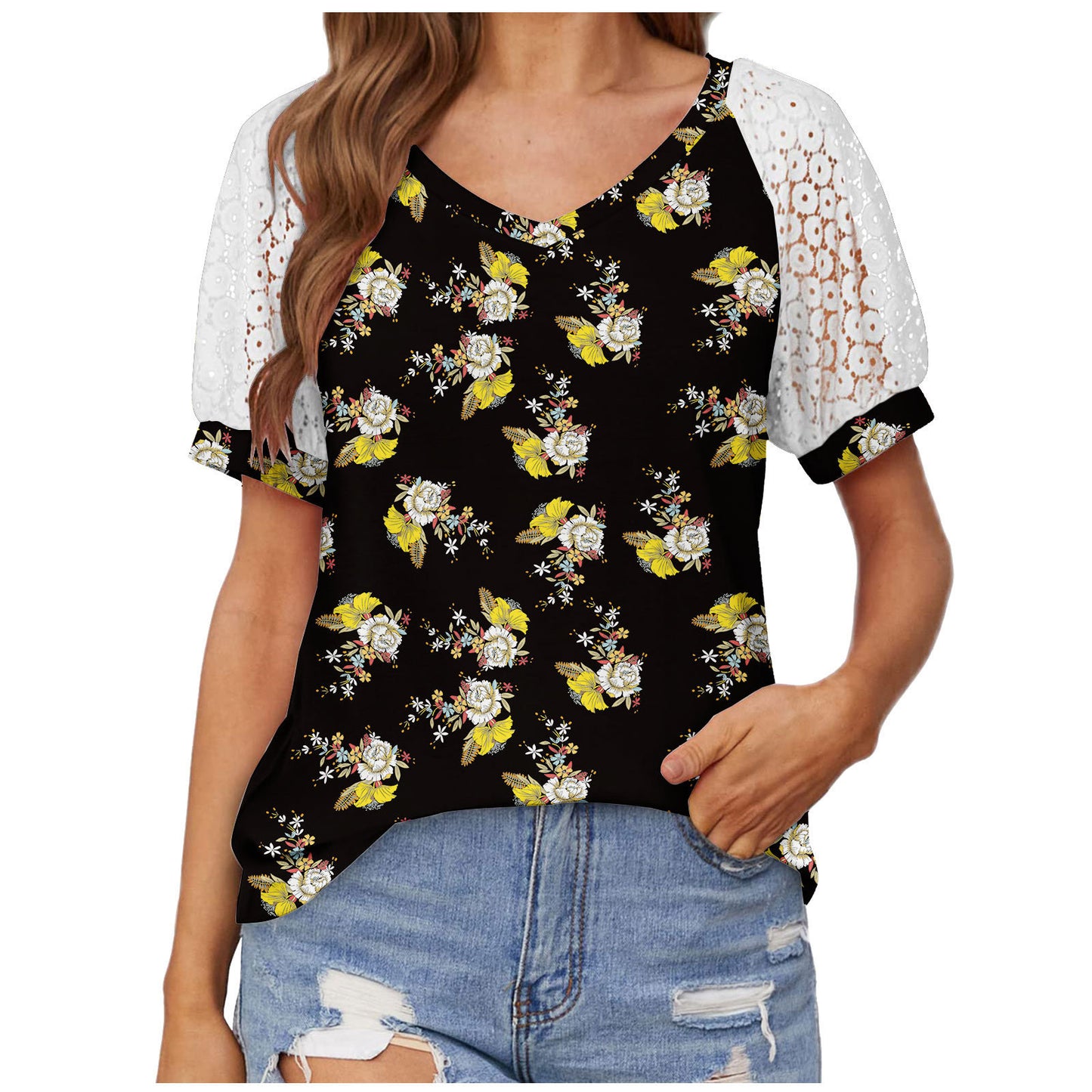 V-neck Lace Stitching Casual T-shirt For Women