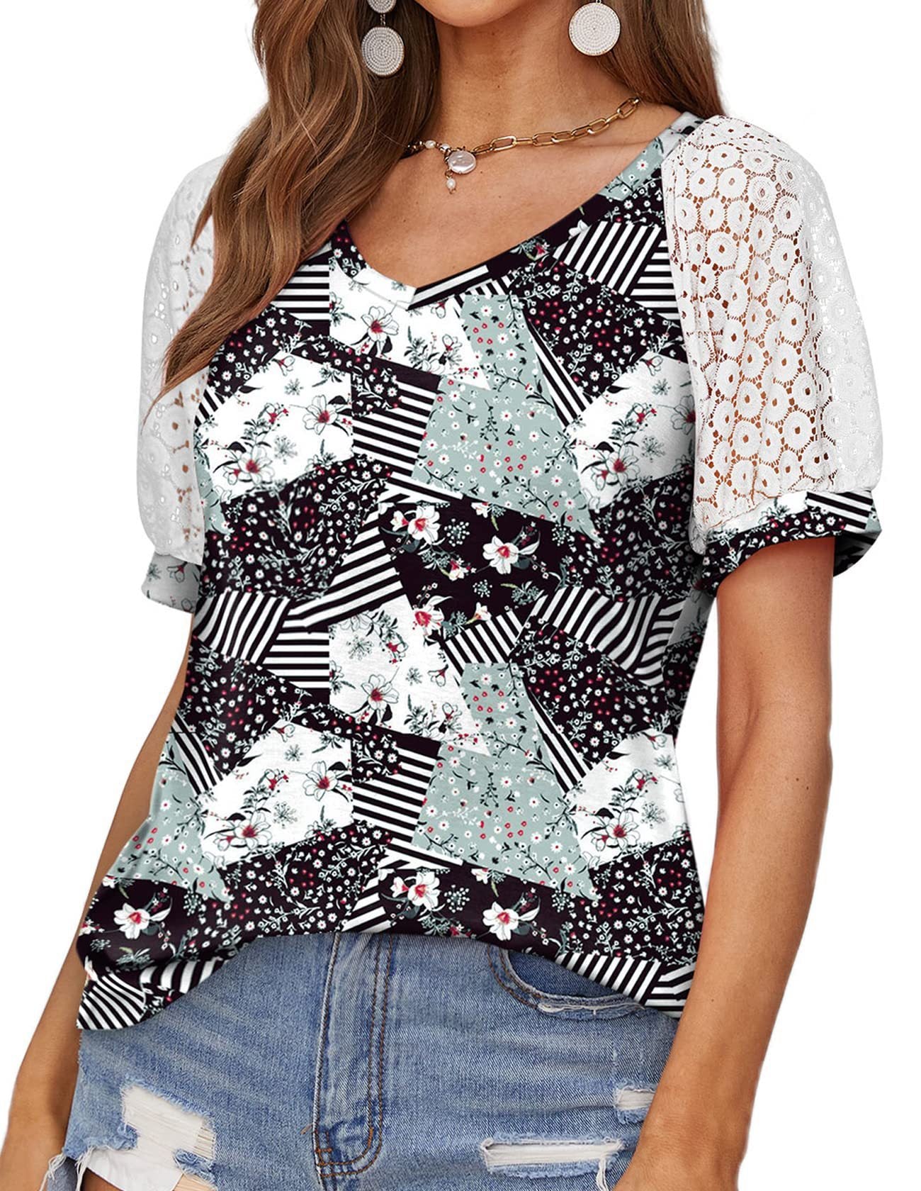 V-neck Lace Stitching Casual T-shirt For Women