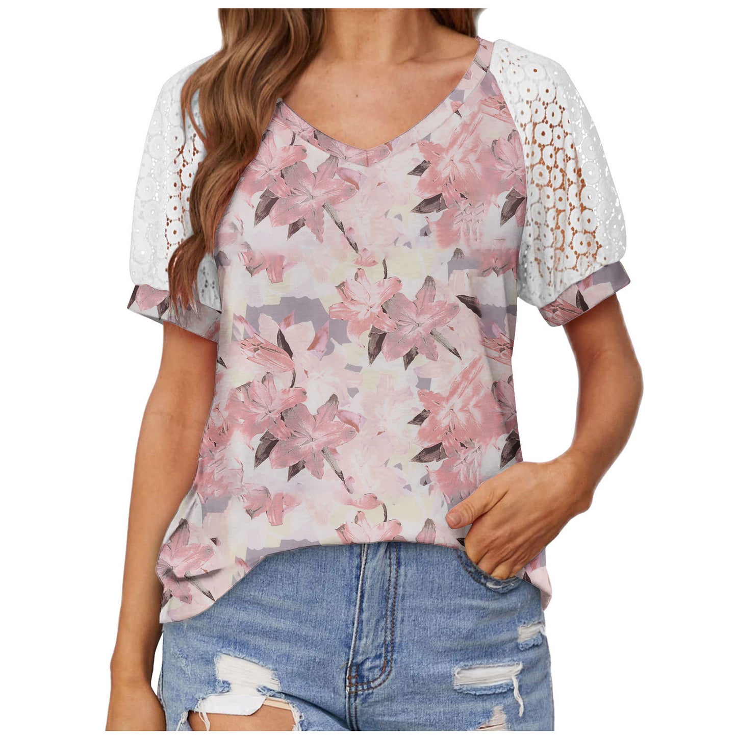 V-neck Lace Stitching Casual T-shirt For Women