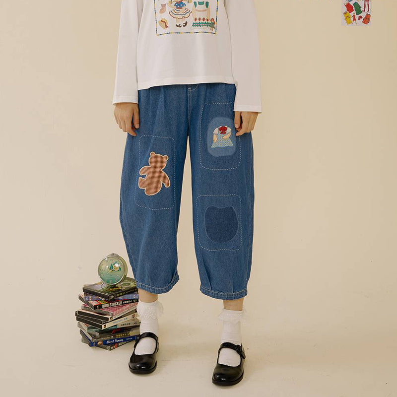 College Wind Blue Denim Patchwork Bear Plaid Embroidery Loose And Thin Cropped Trousers Women