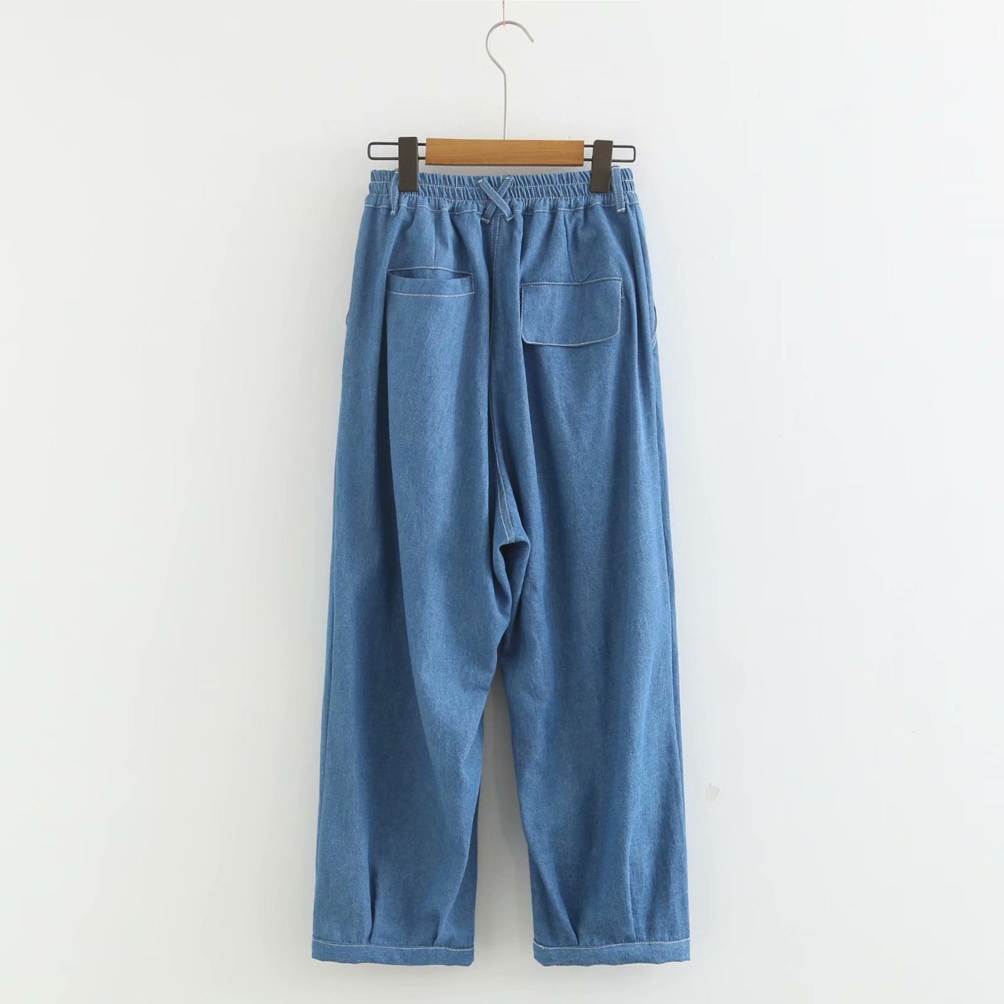 College Wind Blue Denim Patchwork Bear Plaid Embroidery Loose And Thin Cropped Trousers Women