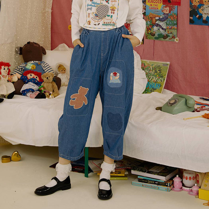 College Wind Blue Denim Patchwork Bear Plaid Embroidery Loose And Thin Cropped Trousers Women