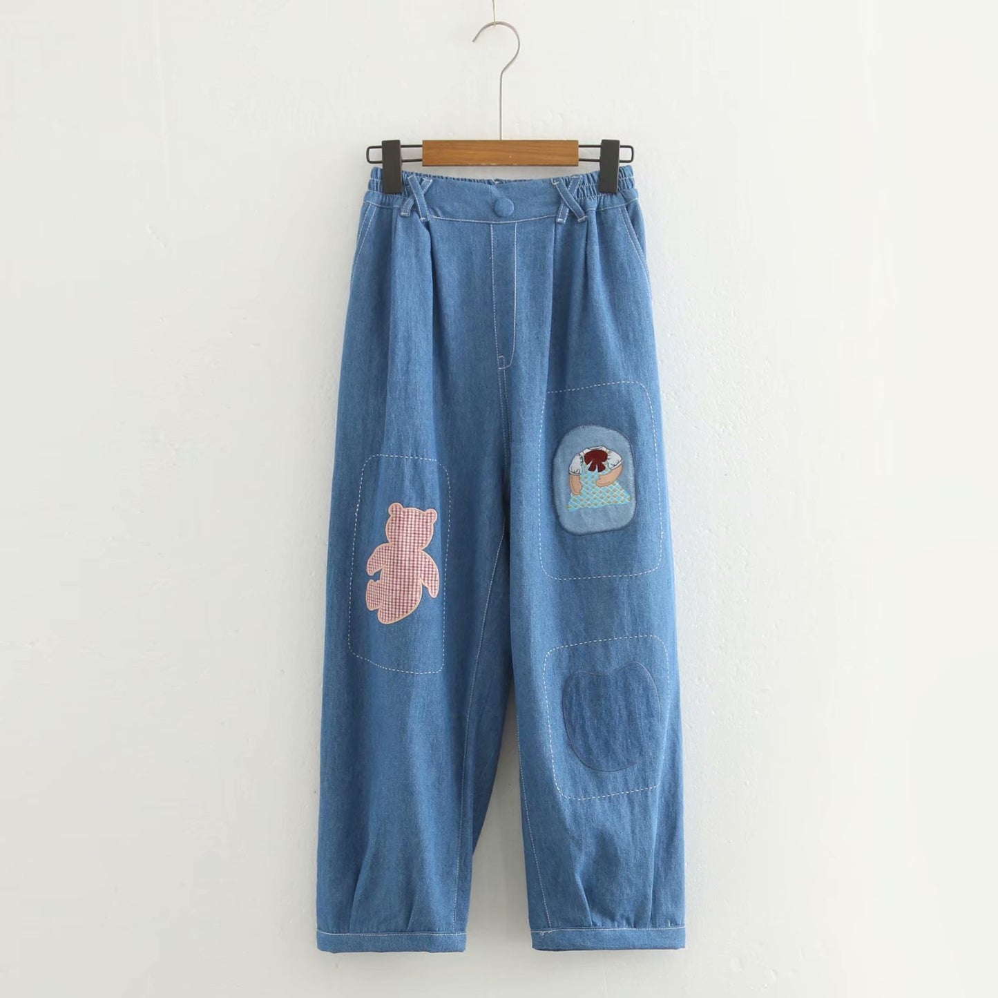 College Wind Blue Denim Patchwork Bear Plaid Embroidery Loose And Thin Cropped Trousers Women