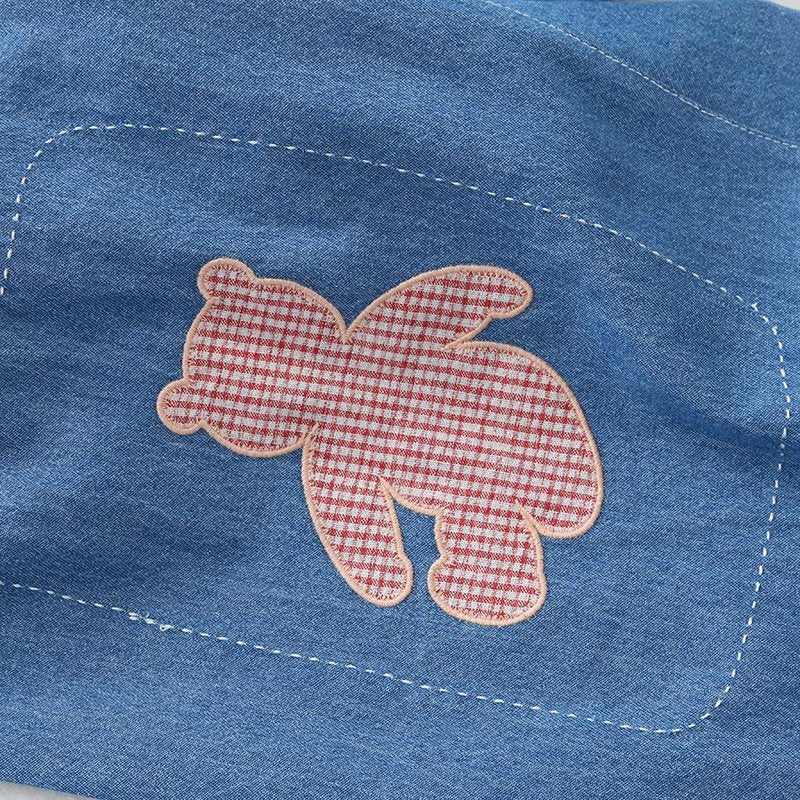 College Wind Blue Denim Patchwork Bear Plaid Embroidery Loose And Thin Cropped Trousers Women